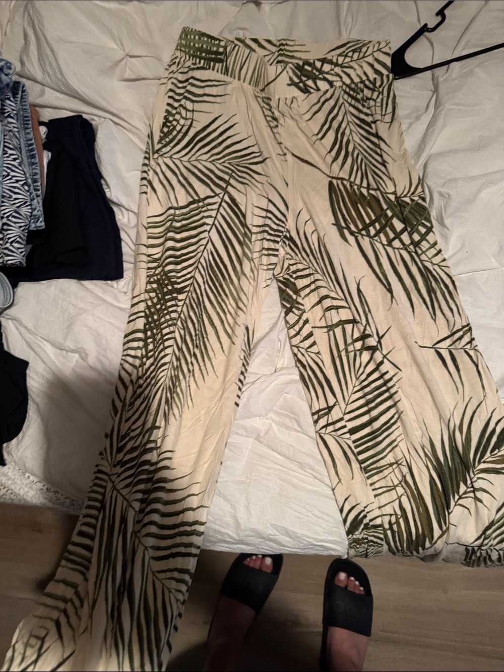 H&M Cream Wide-Leg Pants with Olive Leaf Print
